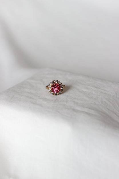 Bague vintage des années 1960 en or 10 carats avec tourmaline rose et saphir blanc « Fleur »