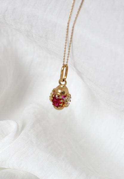 Pendentif vintage rare en or 18 carats des années 1960 avec zircons blancs et rouge framboise