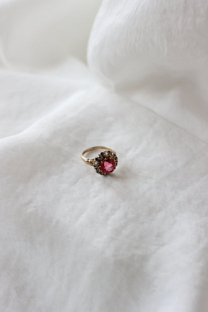 Bague vintage des années 1960 en or 10 carats avec tourmaline rose et saphir blanc « Fleur »