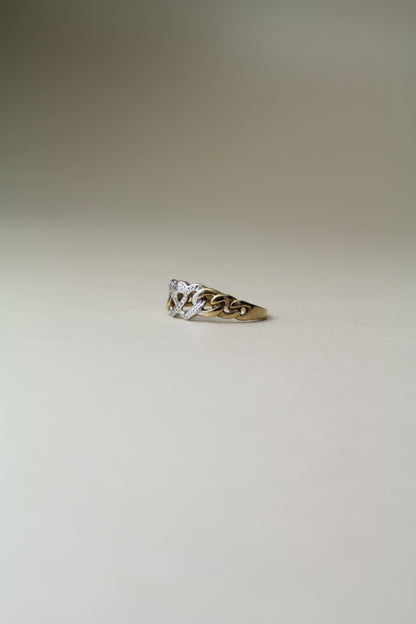 Vintage Intertwined Double Heart Chain-Link Ring in 9K Two-Tone Gold with Diamond
