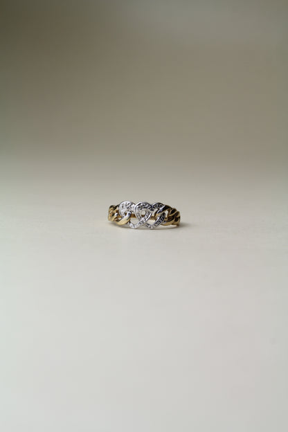 Vintage Intertwined Double Heart Chain-Link Ring in 9K Two-Tone Gold with Diamond