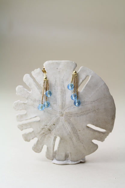 Stunning 1990s 18K Yellow Gold Earrings – delicate sky-blue crystal drops