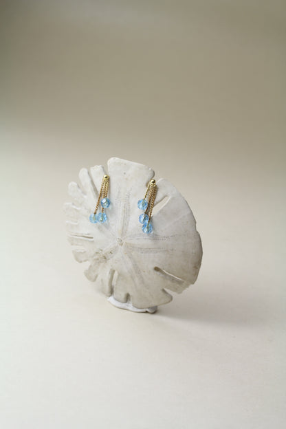 Stunning 1990s 18K Yellow Gold Earrings – delicate sky-blue crystal drops