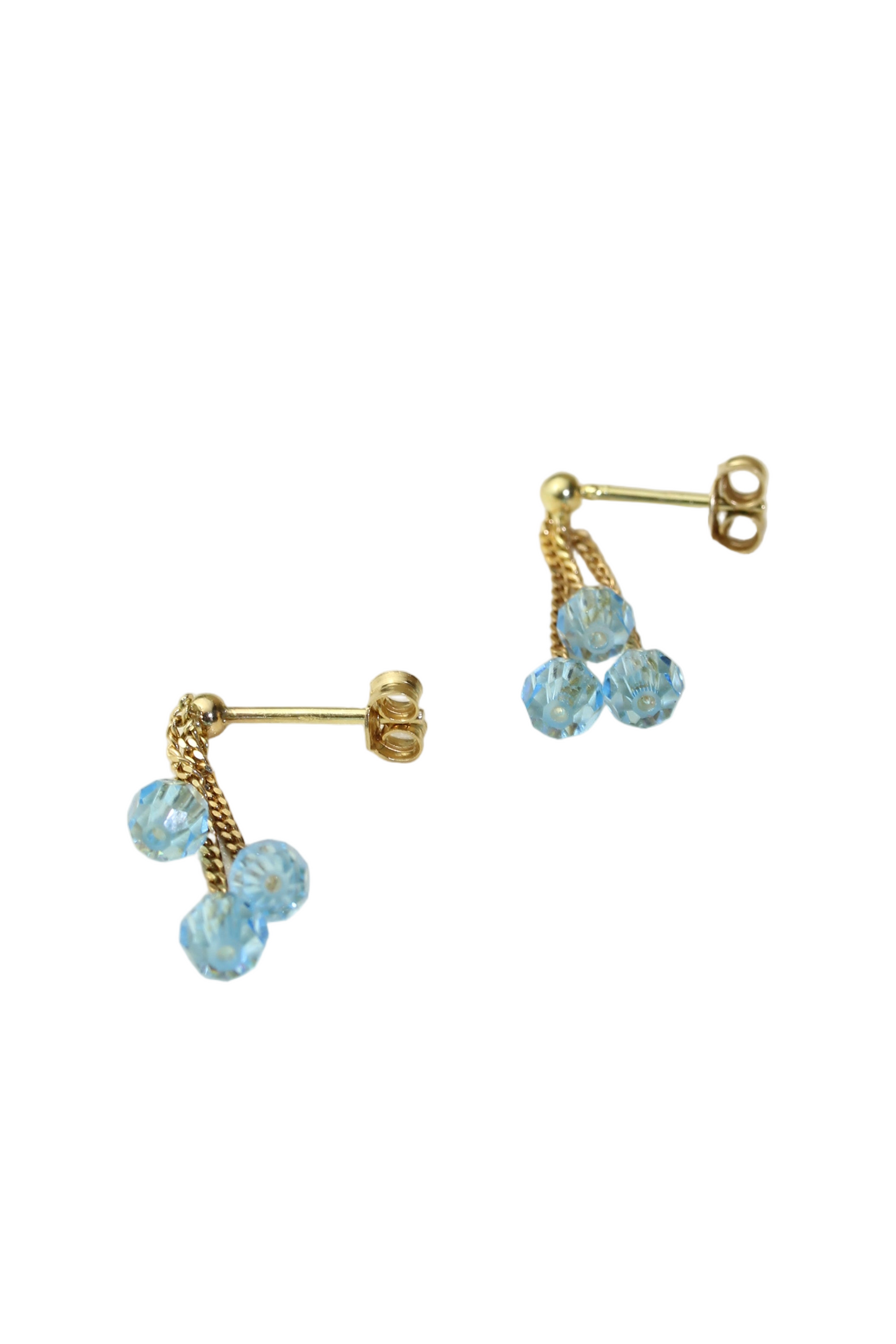 Stunning 1990s 18K Yellow Gold Earrings – delicate sky-blue crystal drops