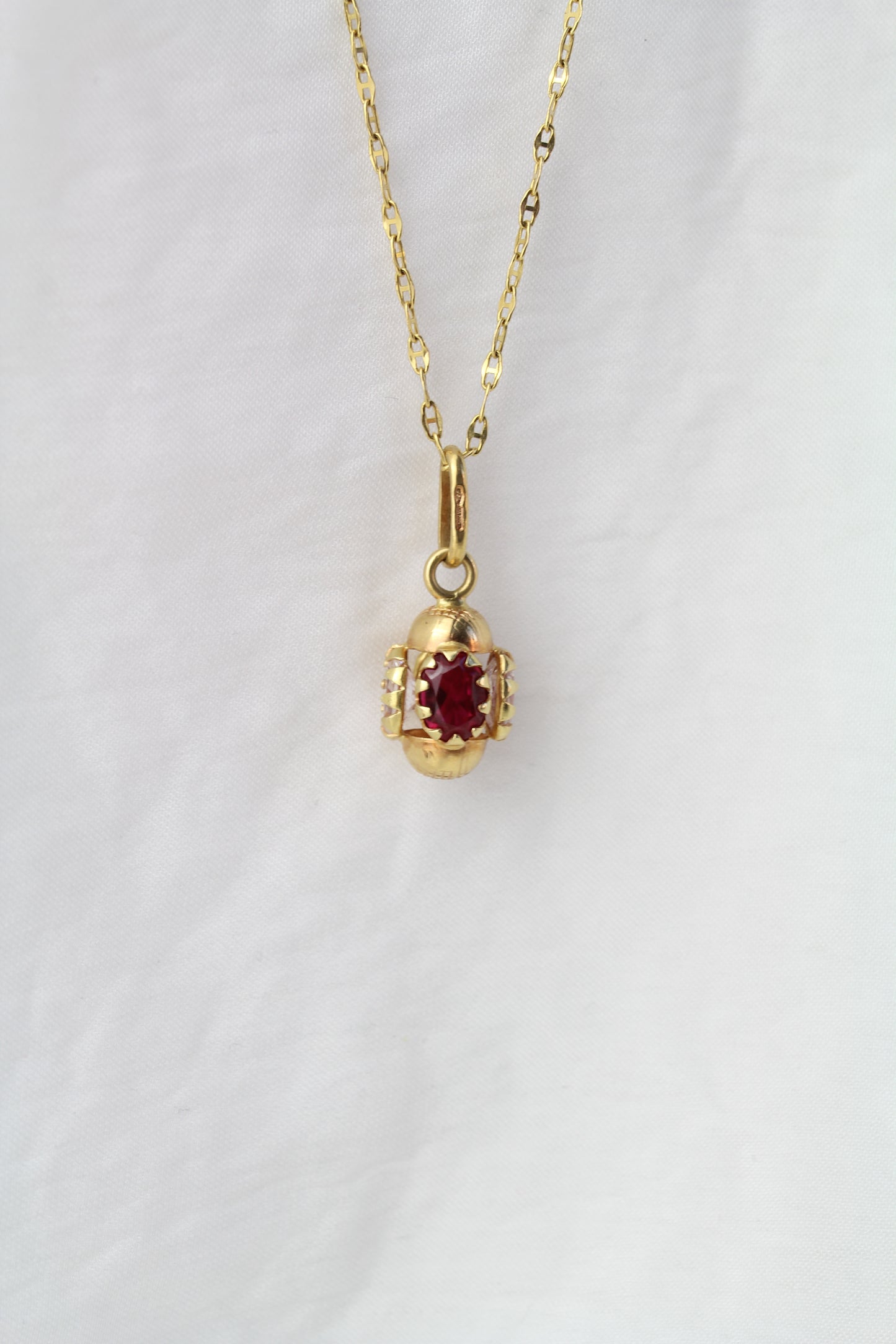 Vintage Rare 1960s 18k Gold Pendant with White and Raspberry Red Zircons