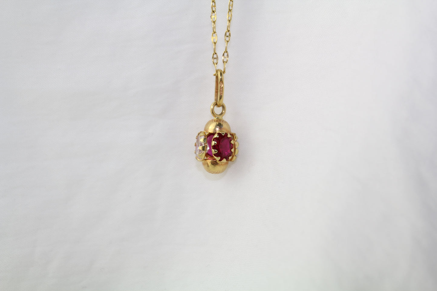 Vintage Rare 1960s 18k Gold Pendant with White and Raspberry Red Zircons