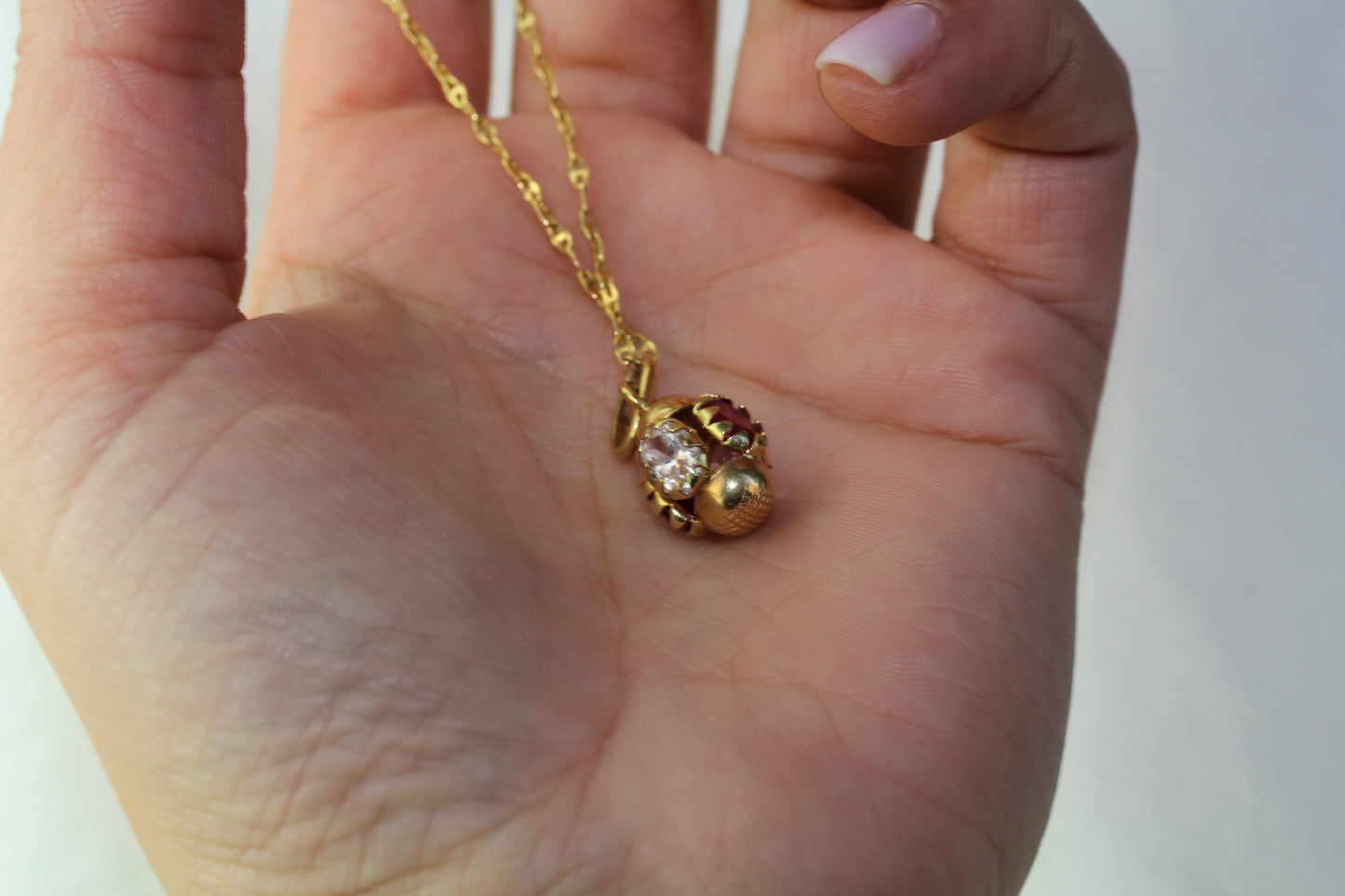 Vintage Rare 1960s 18k Gold Pendant with White and Raspberry Red Zircons