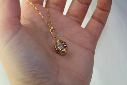 Vintage Rare 1960s 18k Gold Pendant with White and Raspberry Red Zircons