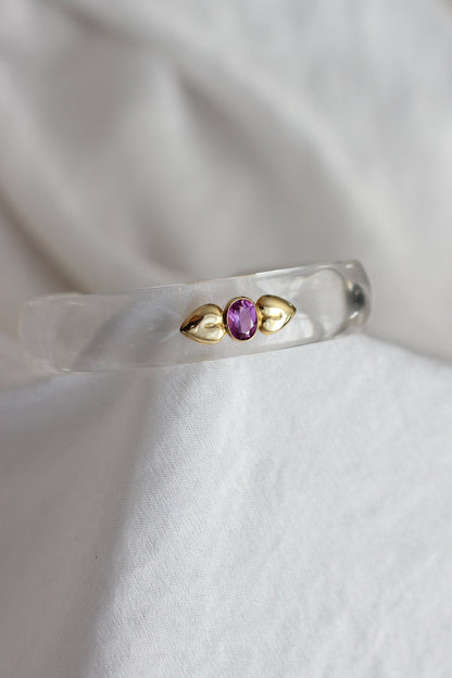 Designer Plexiglass Cuff Bracelet with 18-Carat Gold Heart Details and Amethyst