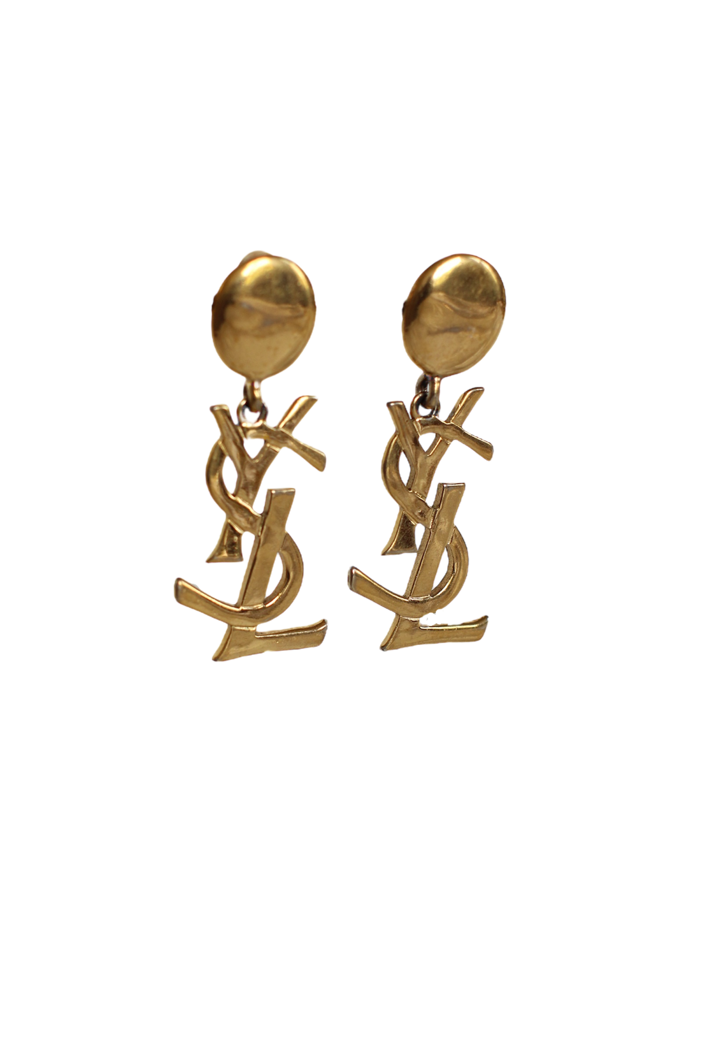 Boucles d'oreilles dorées avec logo Yves Saint Laurent des années 1980