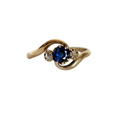 Bague antique en or 18 carats avec saphir naturel et diamants taille ancienne