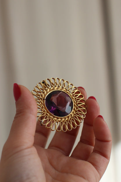 Broche vintage "Soleil" des années 1980 avec verre violet