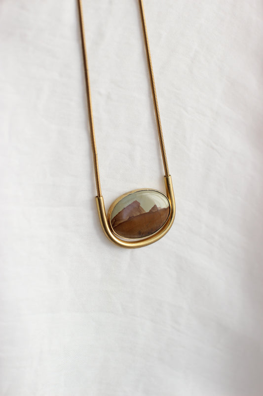 1970s Gold-Plated Serpentine Chain Necklace with Oval Paesine