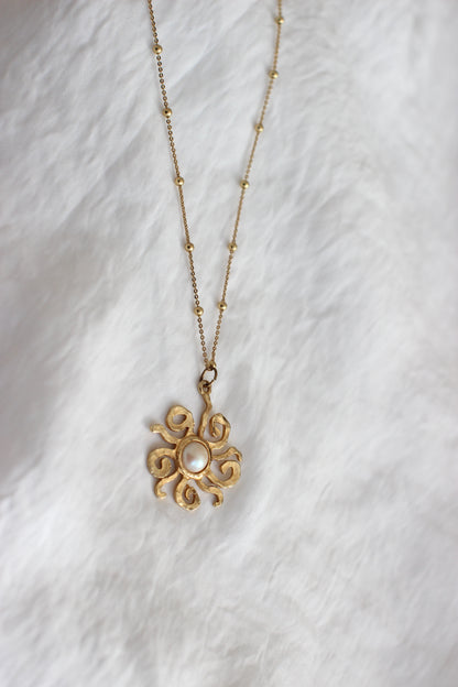 Vintage Sun & Faux Pearl Pendant on an Vermeil 925 Gold Plated Chain