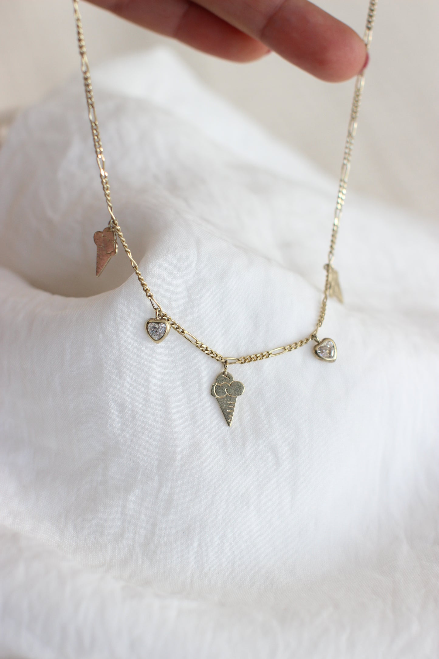 Vintage Ice Cream and Heart Zirconias Gold Plated Silver 925 Necklace