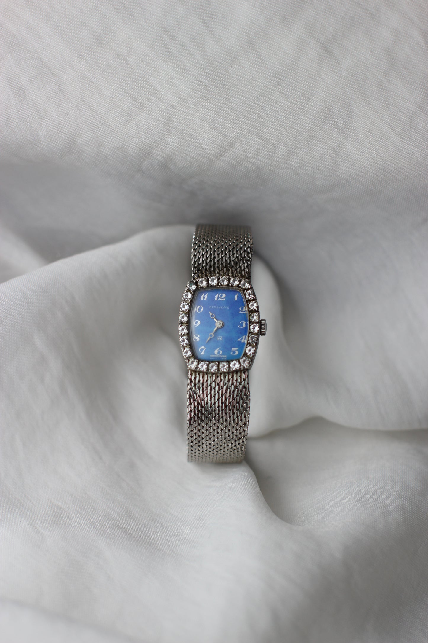 Vintage Degeneffe Mechanical Watch with Ocean-Blue Dial and Radiant Strass Bezel