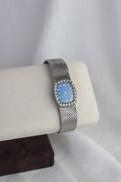 Vintage Degeneffe Mechanical Watch with Ocean-Blue Dial and Radiant Strass Bezel