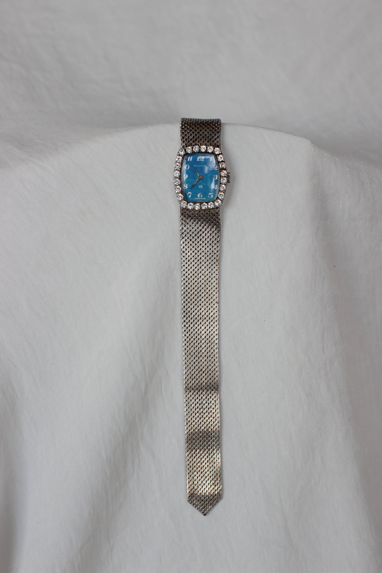 Vintage Degeneffe Mechanical Watch with Ocean-Blue Dial and Radiant Strass Bezel