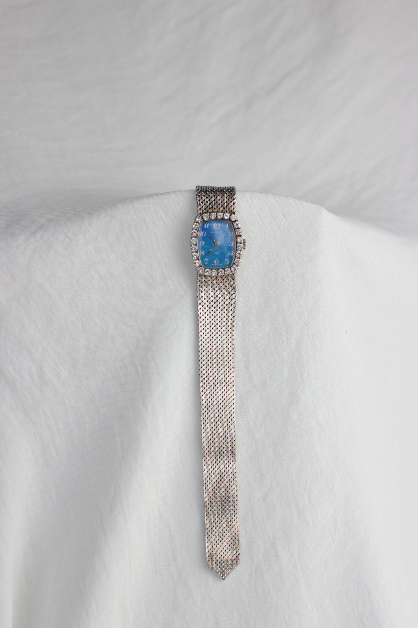 Vintage Degeneffe Mechanical Watch with Ocean-Blue Dial and Radiant Strass Bezel