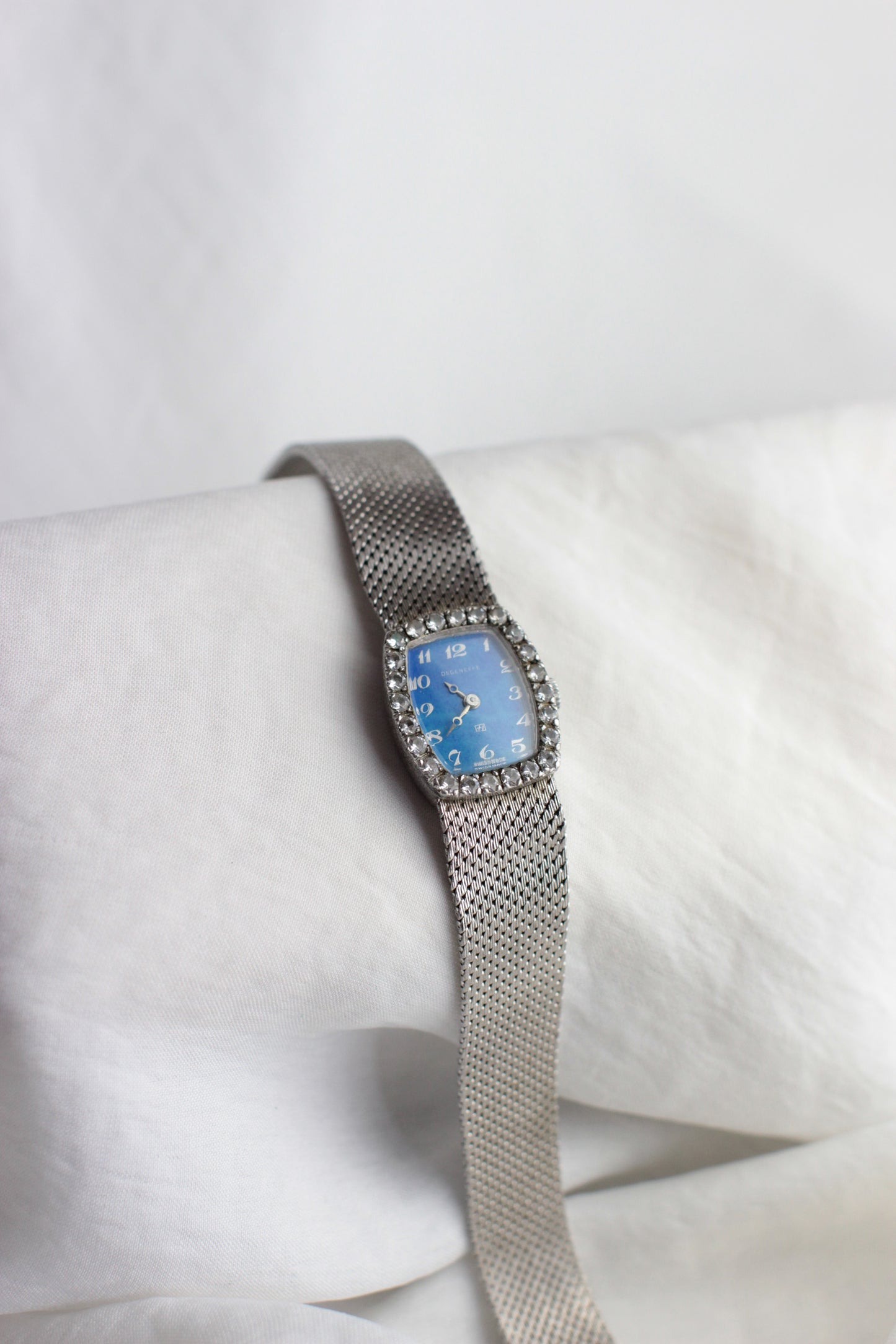 Vintage Degeneffe Mechanical Watch with Ocean-Blue Dial and Radiant Strass Bezel