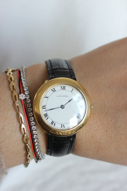 Lancel Vintage 1970s Quartz Watch – Roman Numerals & Gold-Tone Bezel