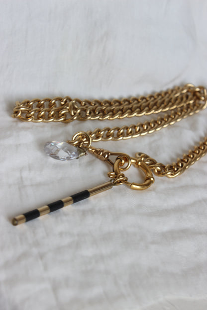 Creation #008 Vintage Gold Plated Pocket Watch Chain with Limpid Crystal Tear & cylinder bar in black and gold plated gold