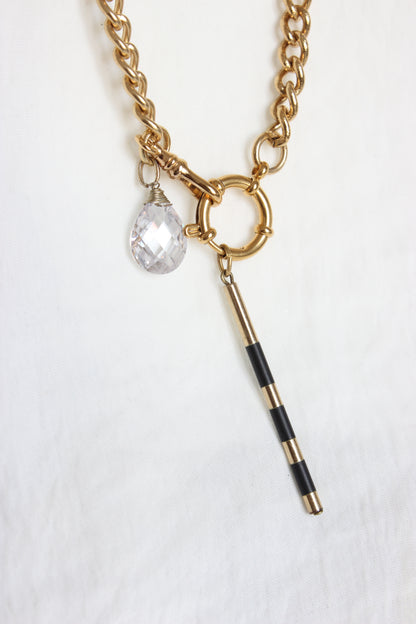 Creation #008 Vintage Gold Plated Pocket Watch Chain with Limpid Crystal Tear & cylinder bar in black and gold plated gold