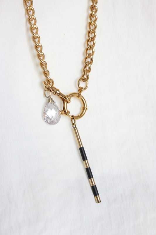 Creation #008 Vintage Gold Plated Pocket Watch Chain with Limpid Crystal Tear & cylinder bar in black and gold plated gold