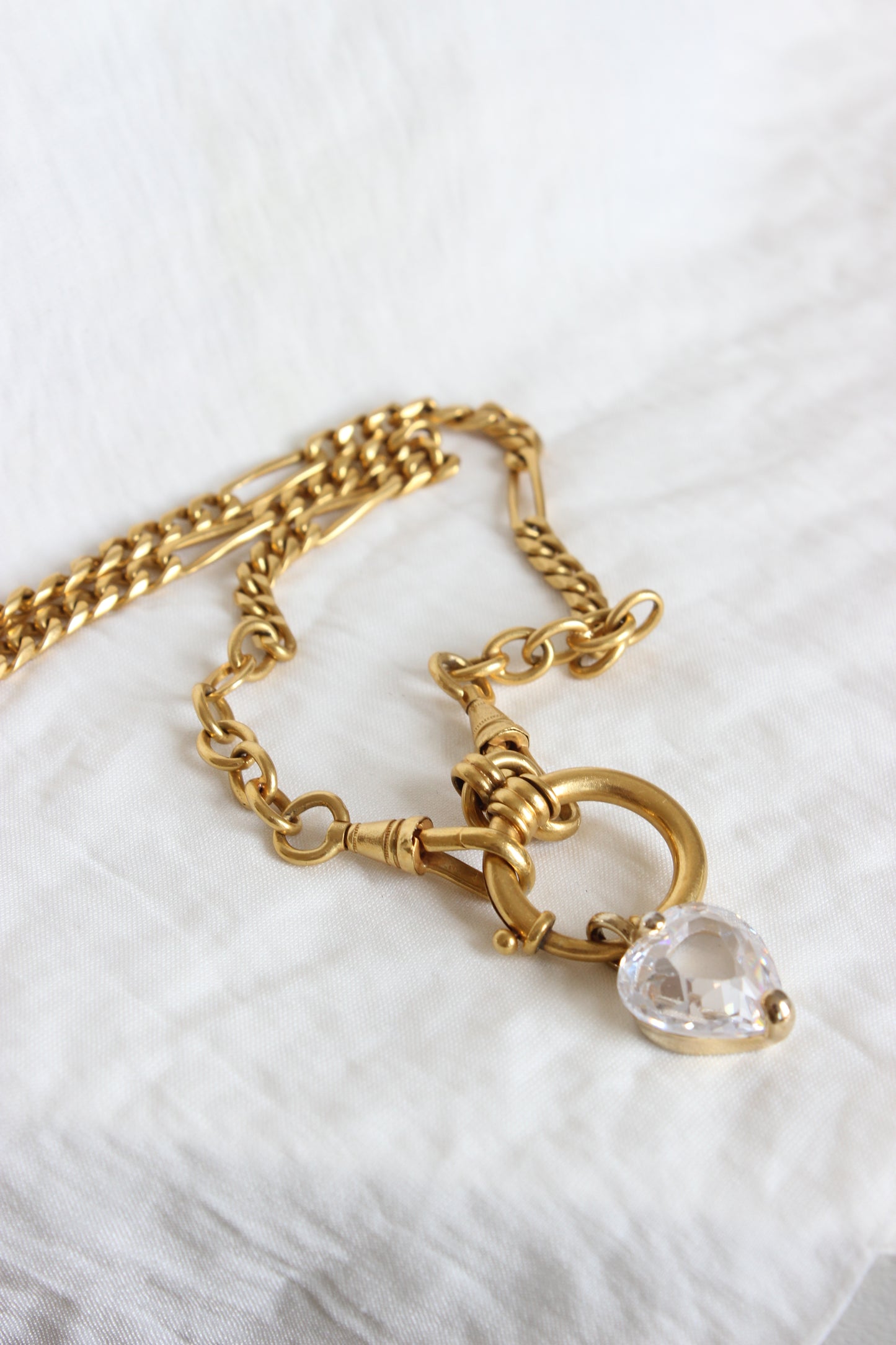 Creation #006 Vintage Gold Plated Pocket Watch Chain with Limpid Heart Crystal