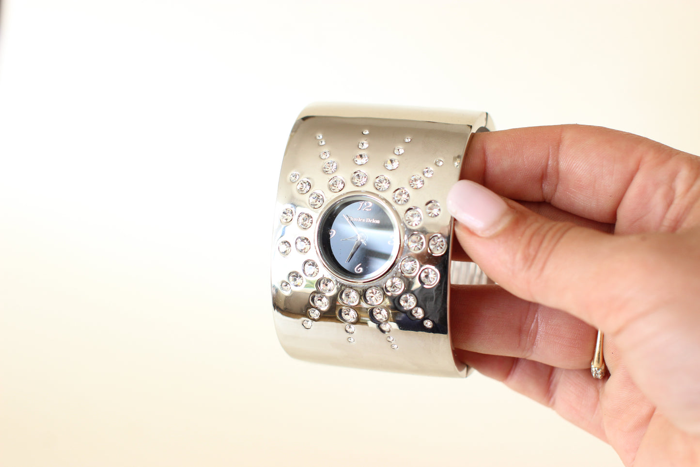 Charles Delon Vintage Statement Bangle Watch – 1990s, Black Dial, Star with Rhinestones,