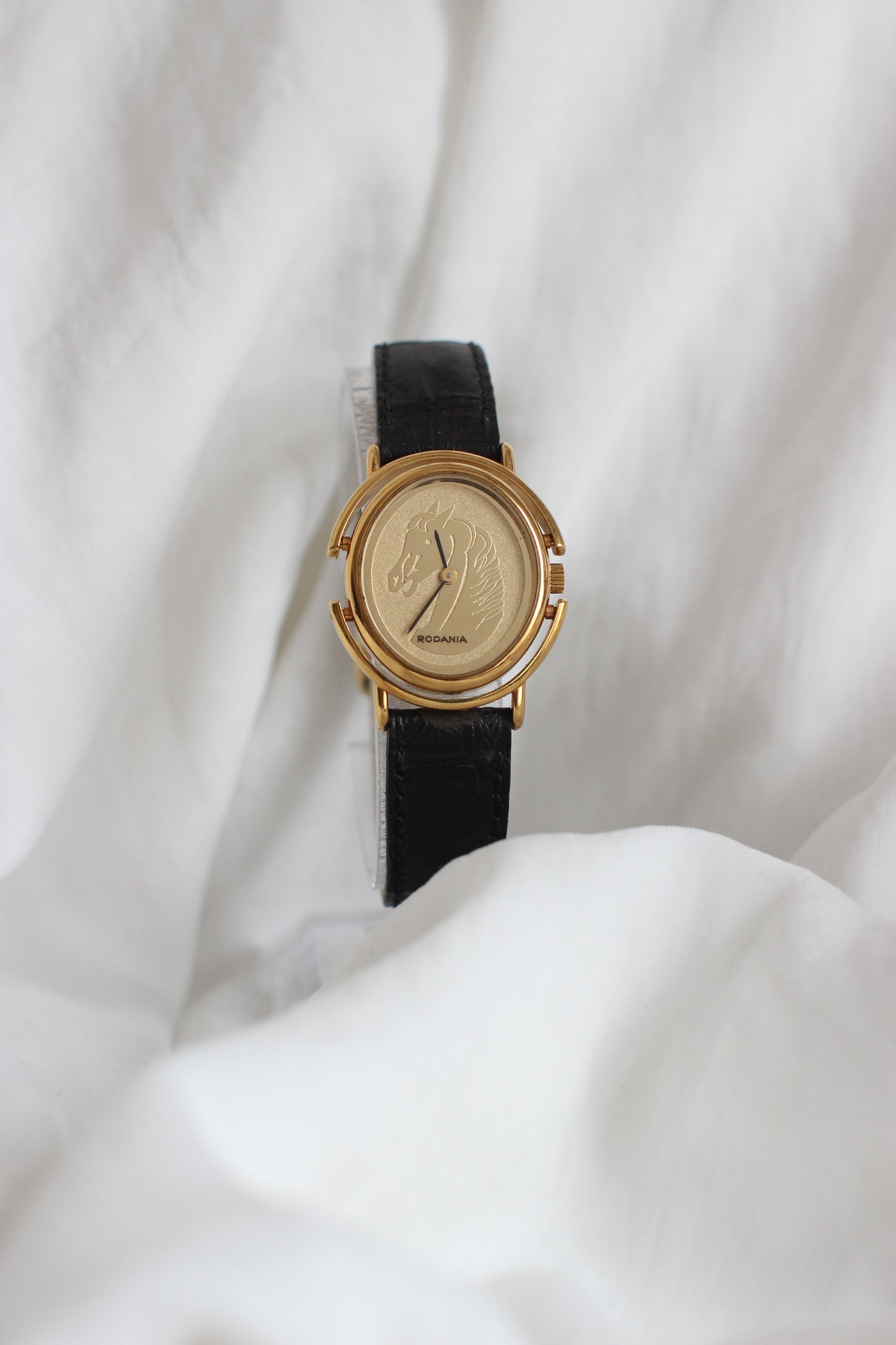Vintage 1980s Rodania Rotating Gold-Plated Watch with Horse Motif