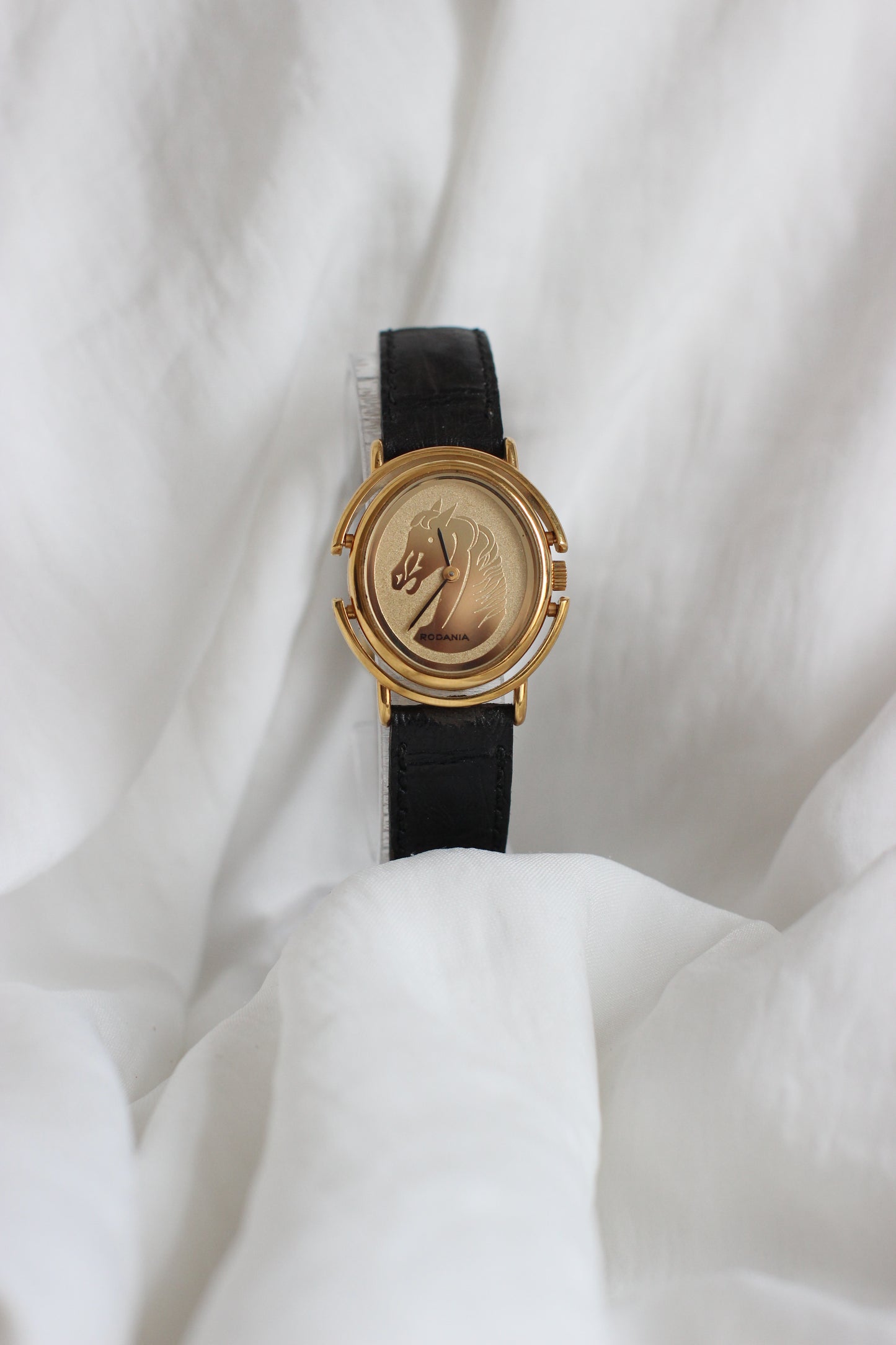 Vintage 1980s Rodania Rotating Gold-Plated Watch with Horse Motif