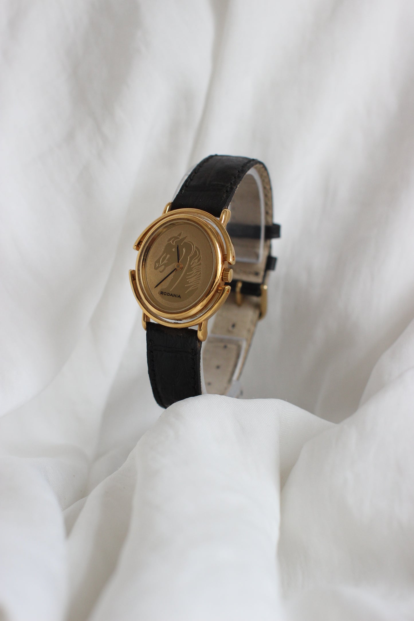 Vintage 1980s Rodania Rotating Gold-Plated Watch with Horse Motif