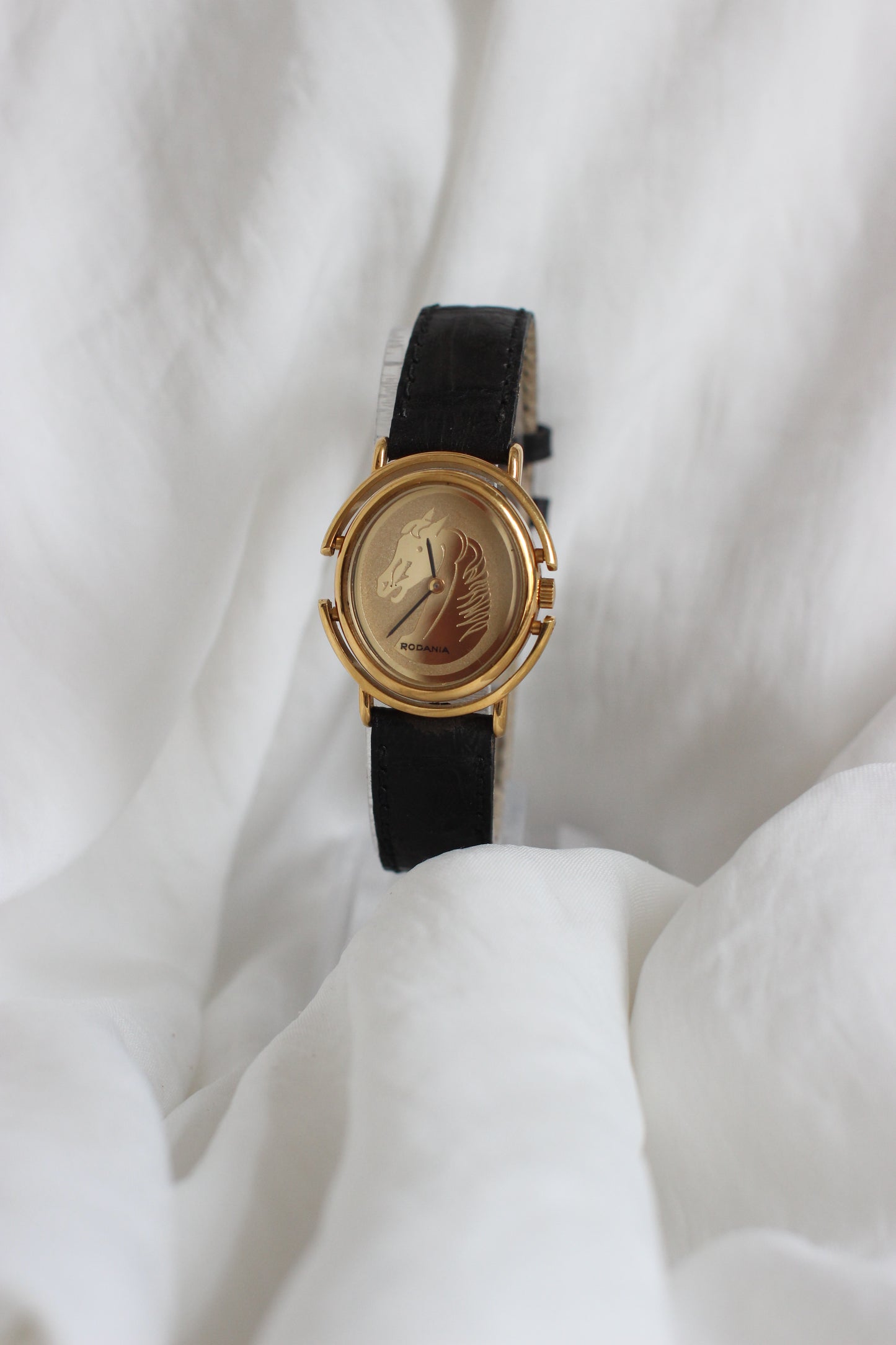 Vintage 1980s Rodania Rotating Gold-Plated Watch with Horse Motif