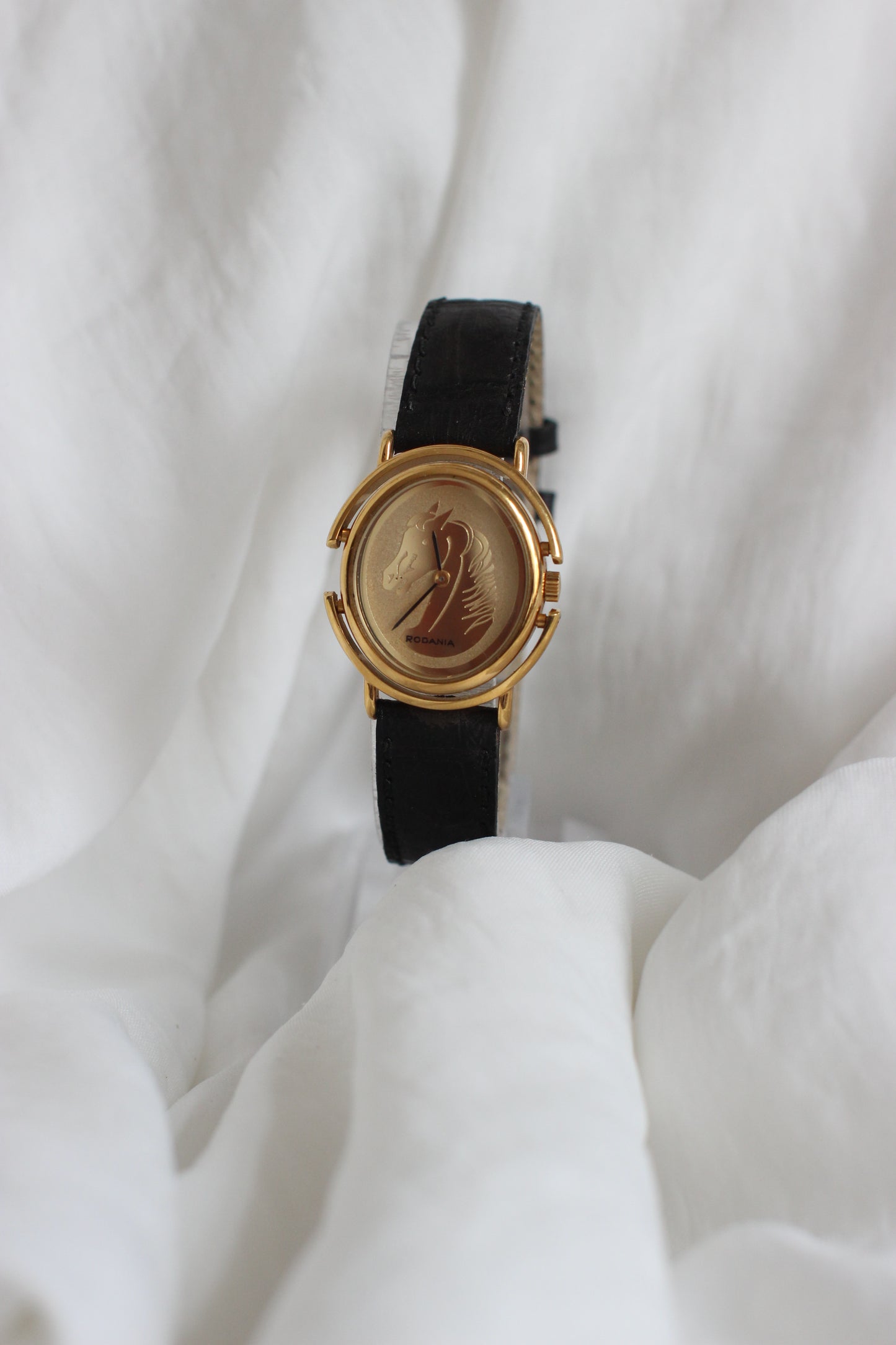 Vintage 1980s Rodania Rotating Gold-Plated Watch with Horse Motif