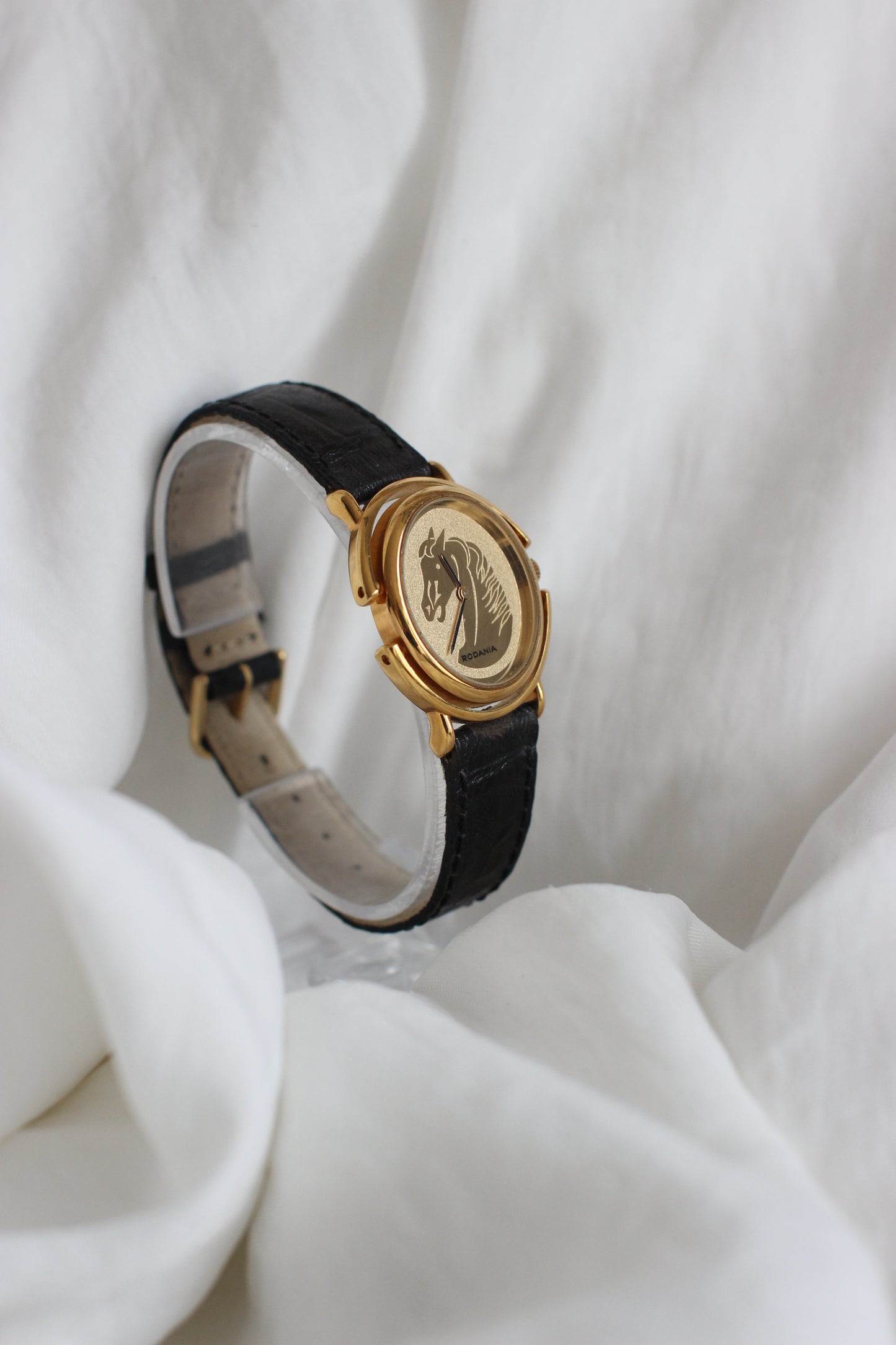 Vintage 1980s Rodania Rotating Gold-Plated Watch with Horse Motif
