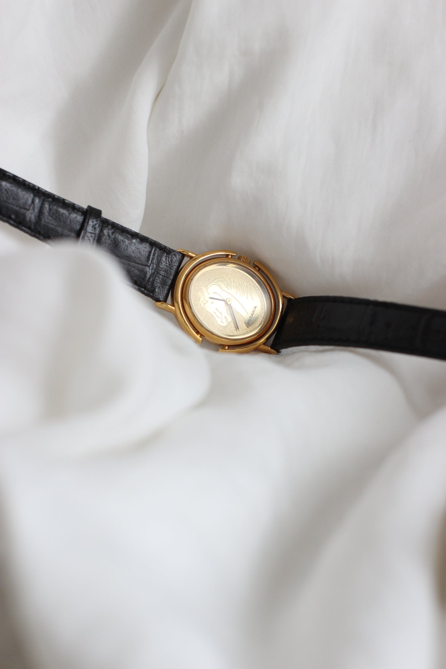 Vintage 1980s Rodania Rotating Gold-Plated Watch with Horse Motif