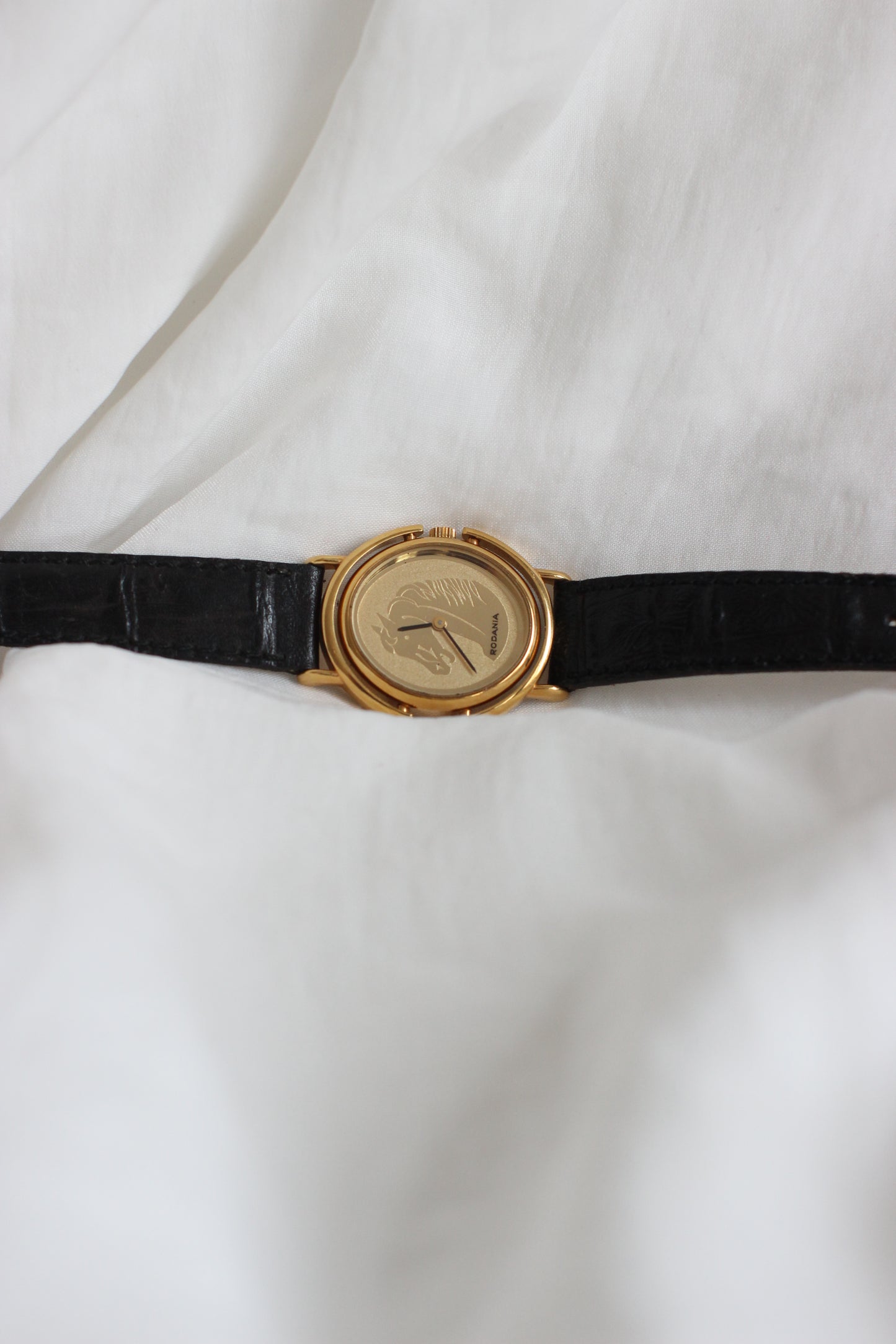Vintage 1980s Rodania Rotating Gold-Plated Watch with Horse Motif