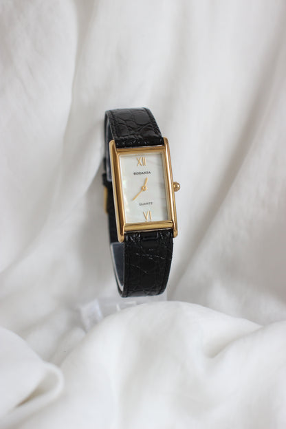 Vintage Rodania Tank Américaine Watch – Mother-of-Pearl Dial, Black Leather Strap