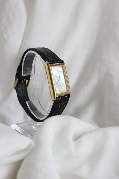 Vintage Rodania Tank Américaine Watch – Mother-of-Pearl Dial, Black Leather Strap