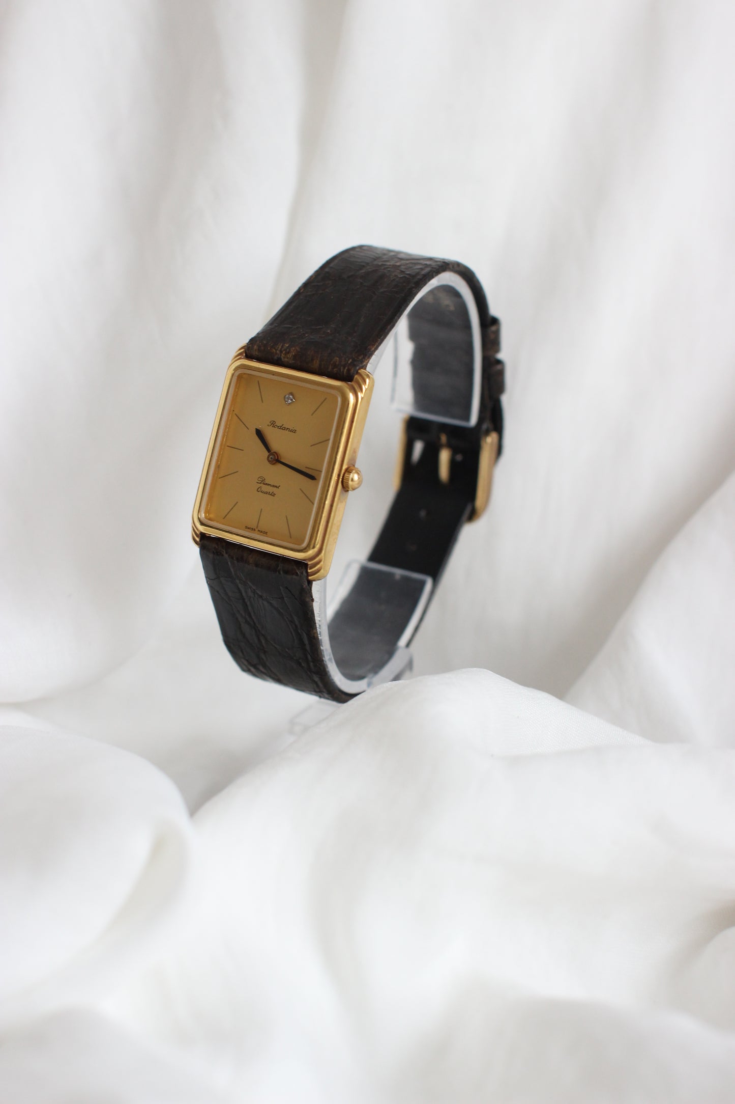 Rodania 1980s Large Tank Watch – Gold Dial with Diamond & Black Crocodile Strap
