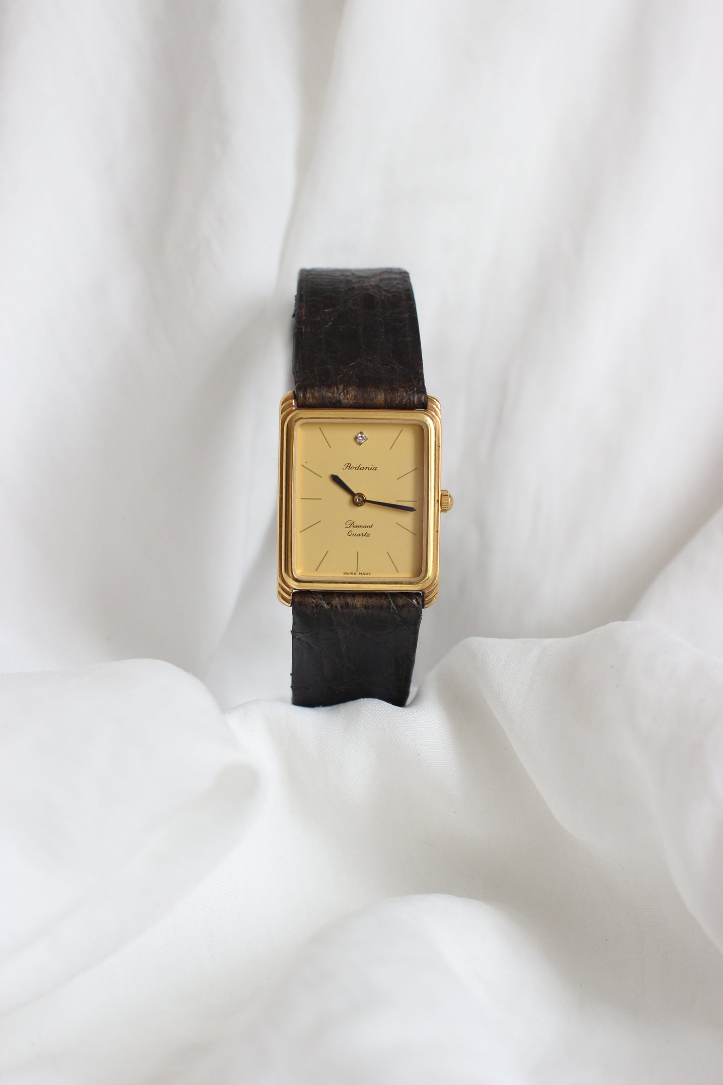 Rodania 1980s Large Tank Watch – Gold Dial with Diamond & Black Crocodile Strap