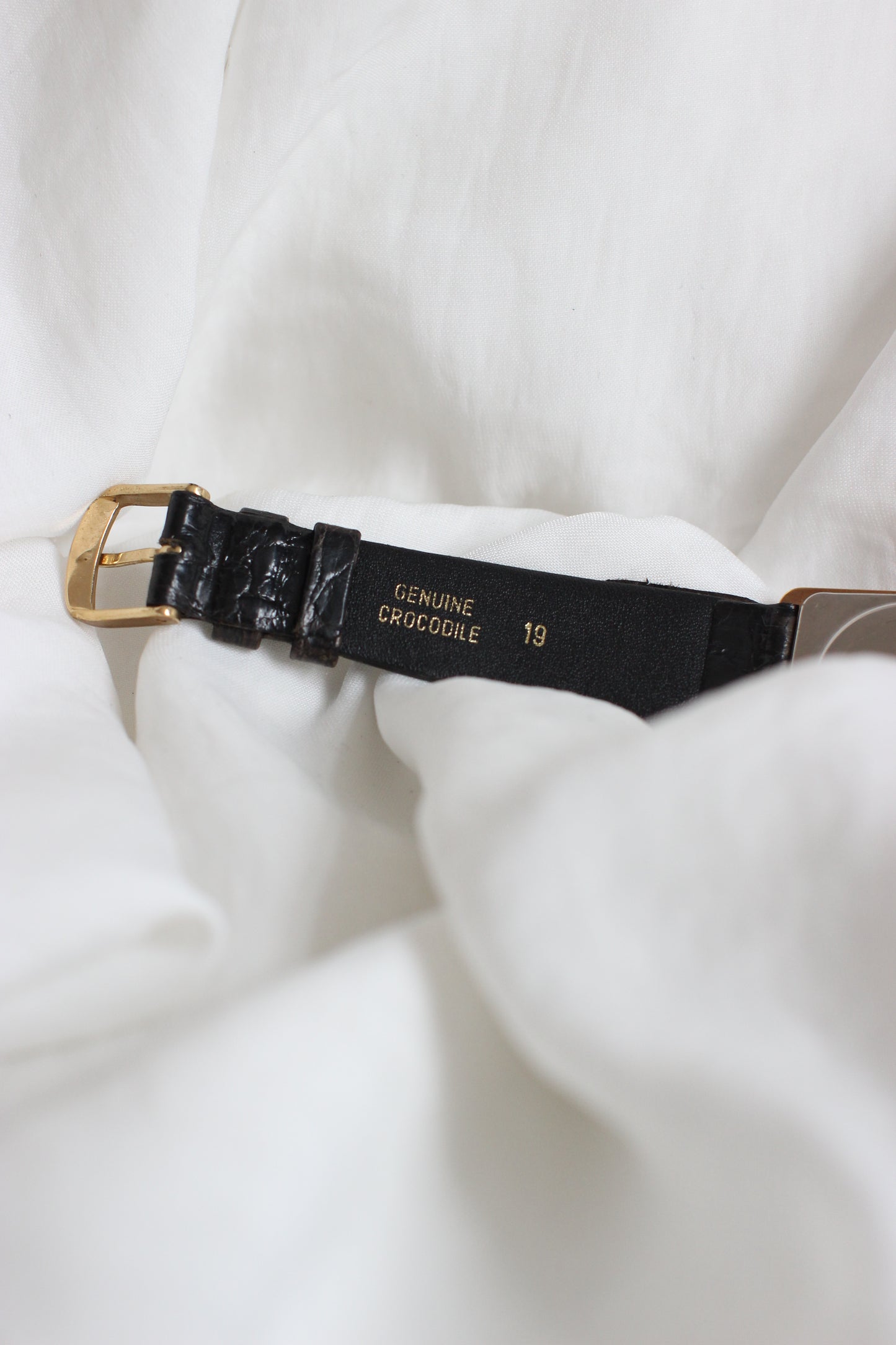 Rodania 1980s Large Tank Watch – Gold Dial with Diamond & Black Crocodile Strap