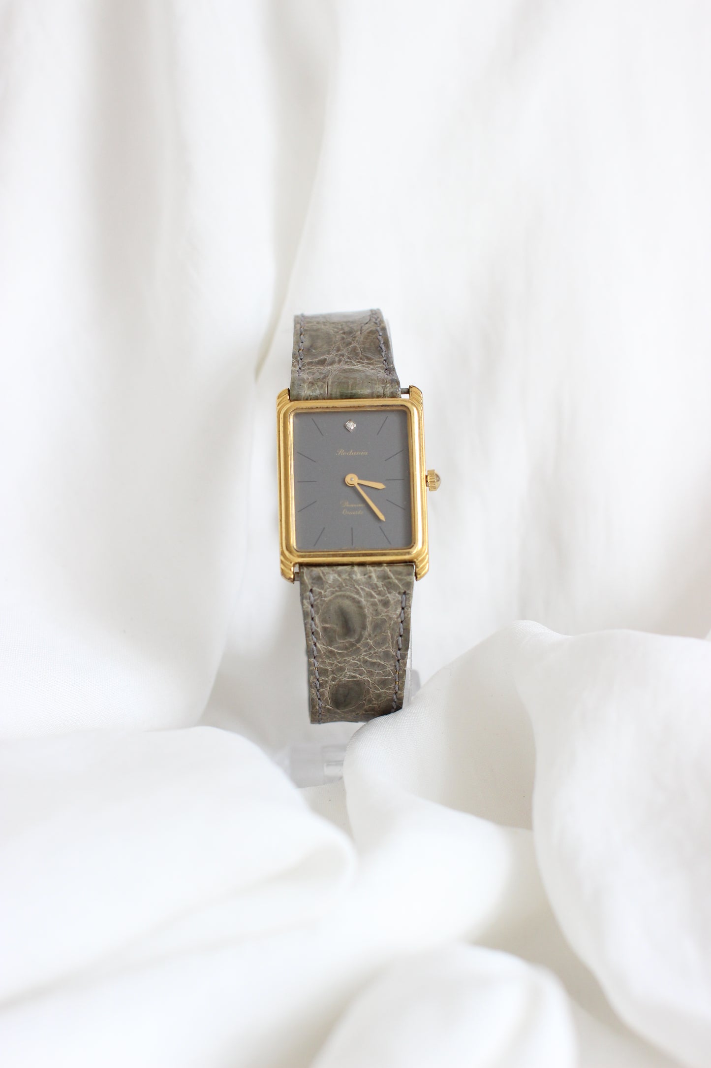Rodania 1980s Large Tank Watch – Grey Dial with Diamond & Genuine Crocodile Strap