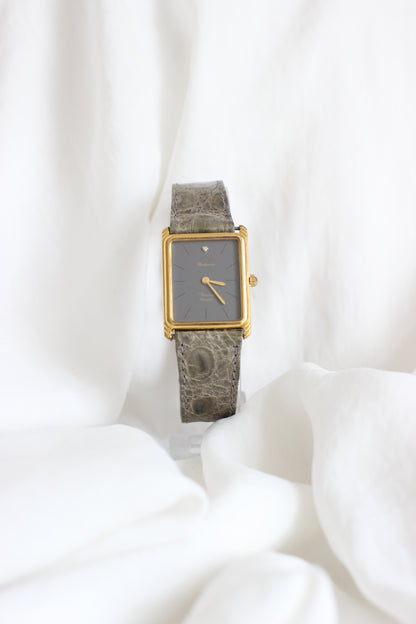 Rodania 1980s Large Tank Watch – Grey Dial with Diamond & Genuine Crocodile Strap