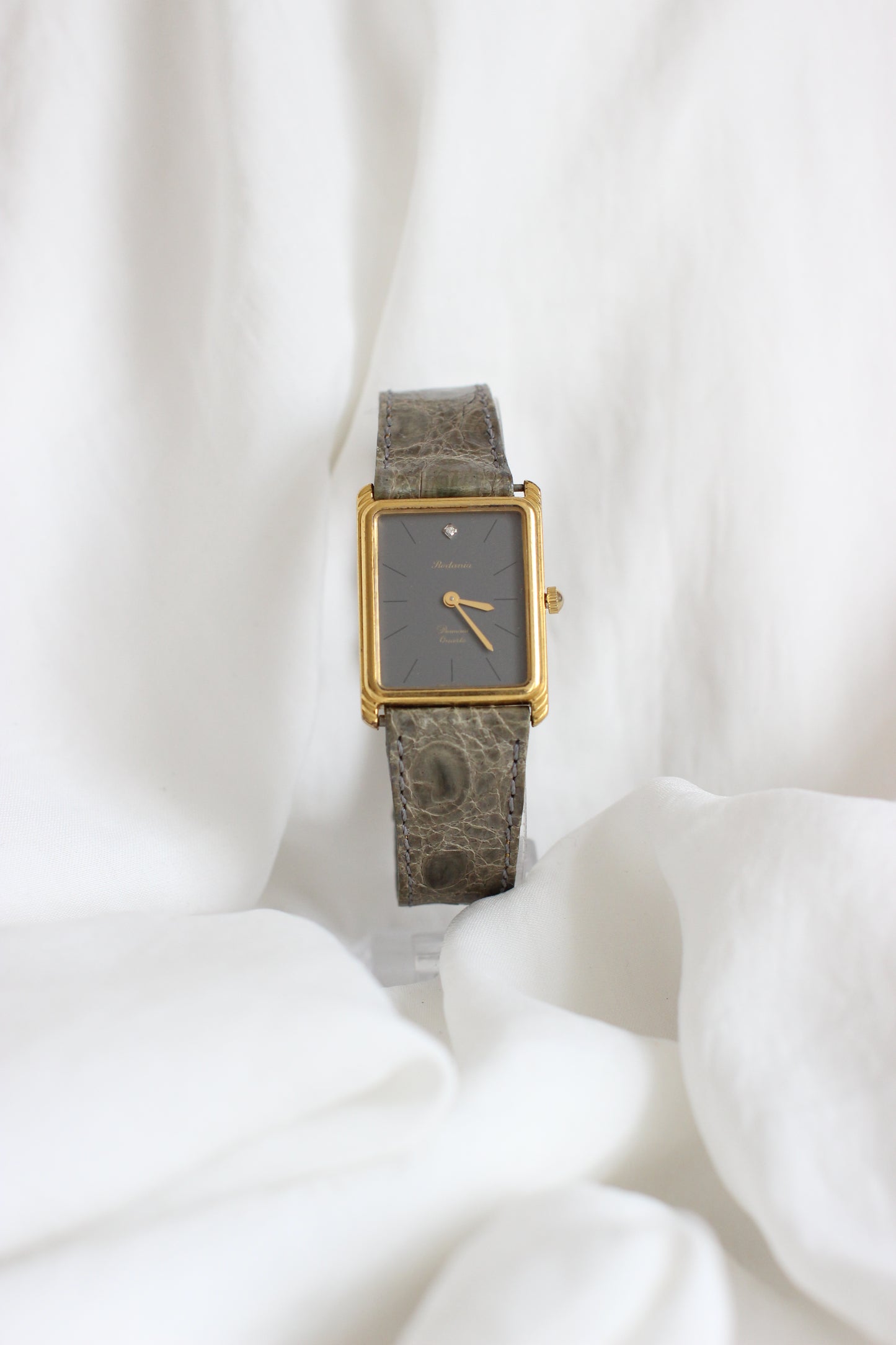 Rodania 1980s Large Tank Watch – Grey Dial with Diamond & Genuine Crocodile Strap