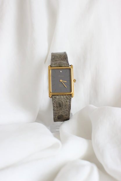 Rodania 1980s Large Tank Watch – Grey Dial with Diamond & Genuine Crocodile Strap