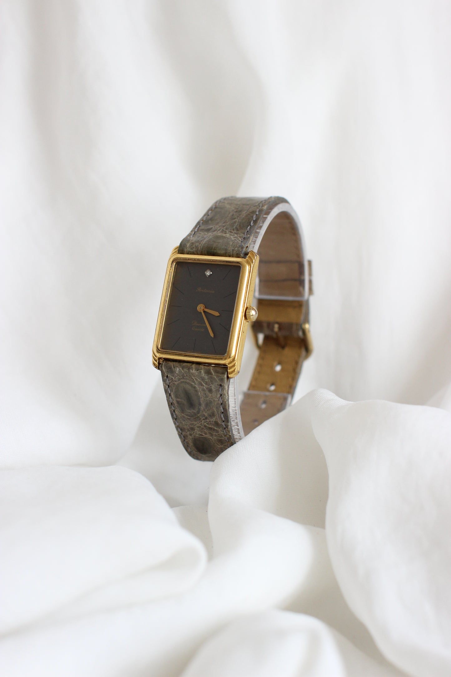 Rodania 1980s Large Tank Watch – Grey Dial with Diamond & Genuine Crocodile Strap
