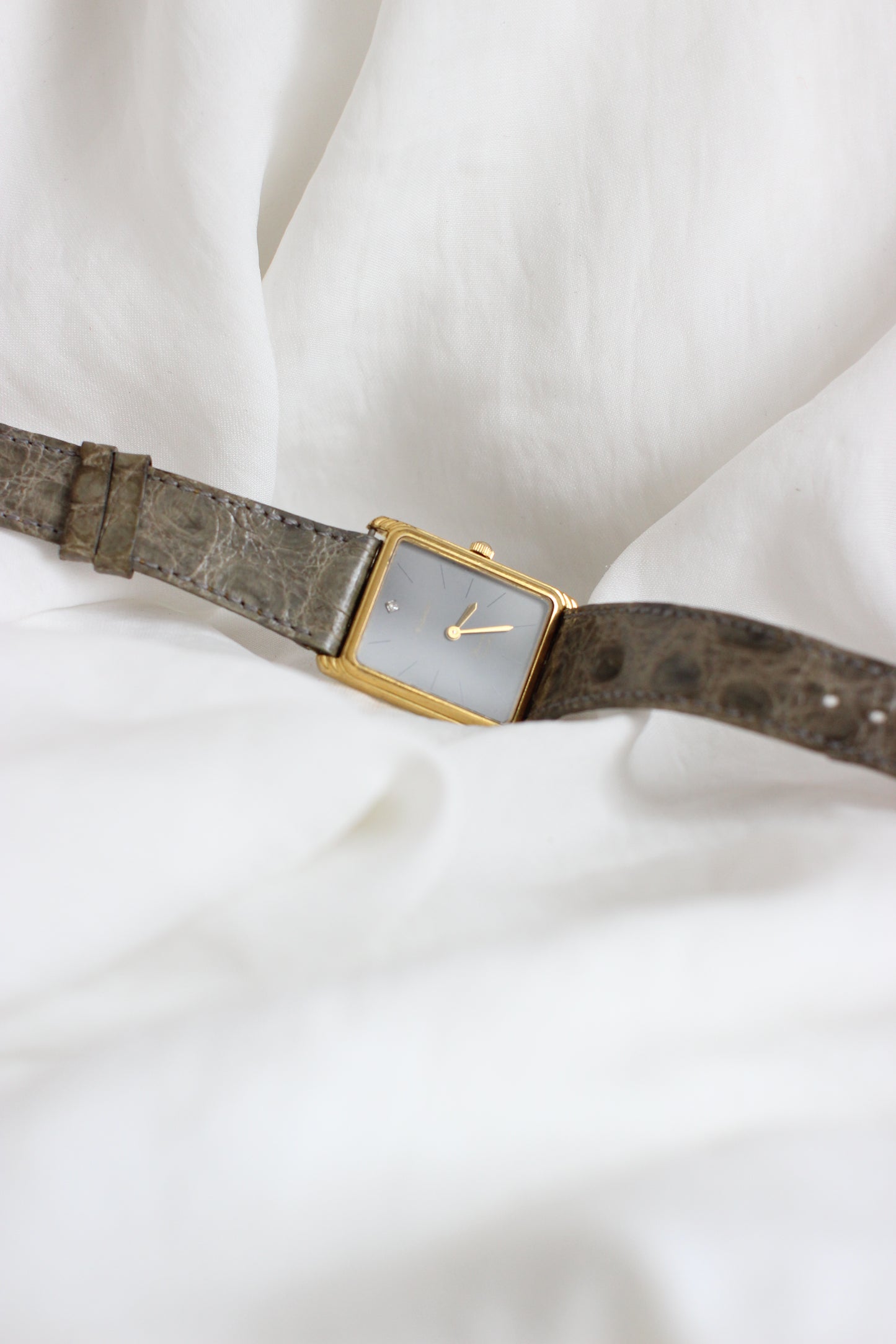 Rodania 1980s Large Tank Watch – Grey Dial with Diamond & Genuine Crocodile Strap