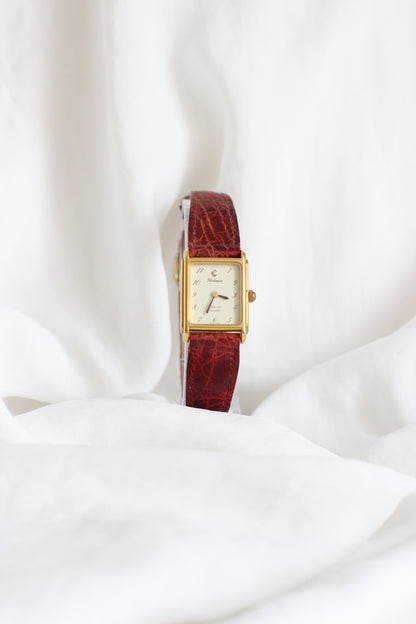 Rodania 1980s Mini Tank Watch – Diamond Detail & Bordeaux Crocodile Strap